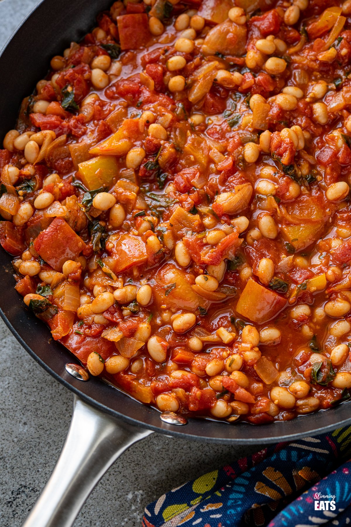 Mediterranean Tomatoes and White Beans - delicious rich tomatoes with peppers and white beans make this a perfect side or main. close up of Tomatoes and White Beans in a black frying pan