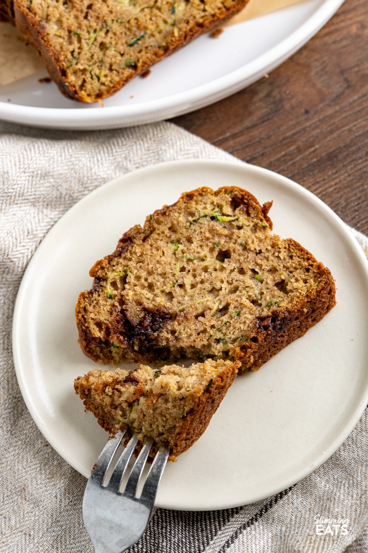 slice of Chocolate Chip Zucchini Bread on white plate 