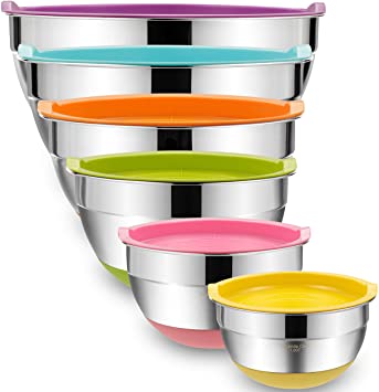 Mixing Bowls with Airtight Lids, 6 piece Stainless Steel Metal Bowls by Umite Chef