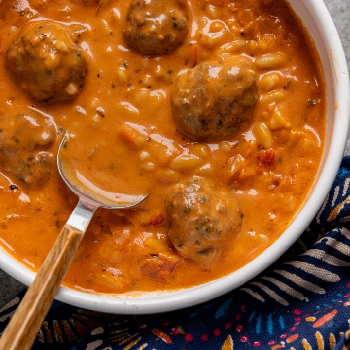 Creamy Tomato Orzo Soup with Chicken Meatballs