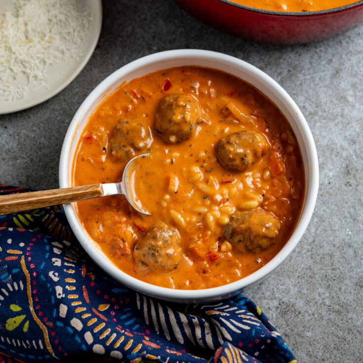 Creamy Tomato Orzo Soup with Chicken Meatballs