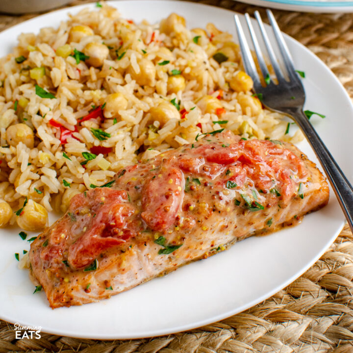 Roasted Tomato Topped Salmon with Chickpea Rice Pilaf