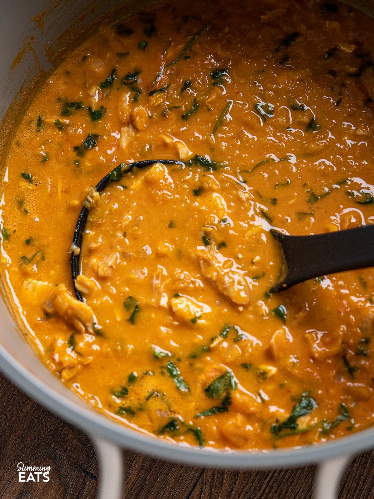 A delicious and easy soup that is packed with flavour and is perfect for any day of the week. Chicken, red lentils, chunks of butternut squash and a creamy finish from coconut milk. close up of ladle in a pot Thai Red Chicken Lentil Soup