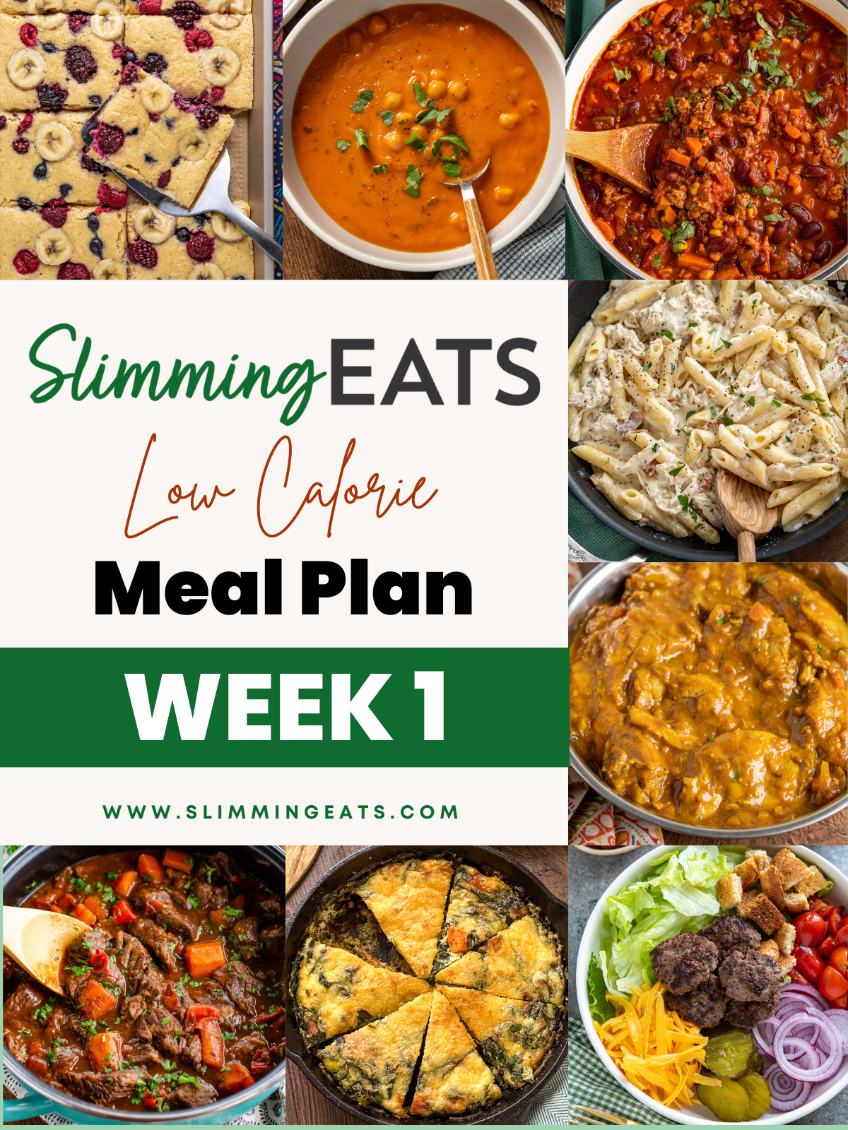 A free Slimming Eats 7-day low calorie meal plan which includes breakfast, lunch and dinner all with calculated calories and a shopping list. Week 1 meal plan week 1 featured images