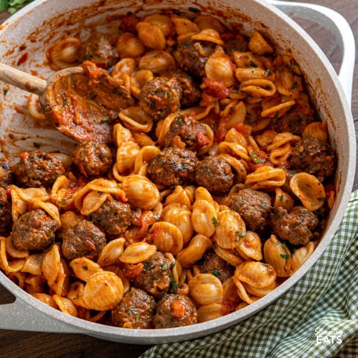 Mini Beef Mushroom Meatballs with Orecchiette