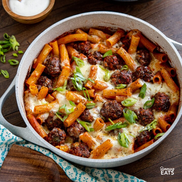 Honey Buffalo Meatball Pasta Bake