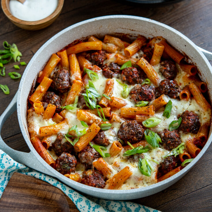 Honey Buffalo Meatball Pasta Bake