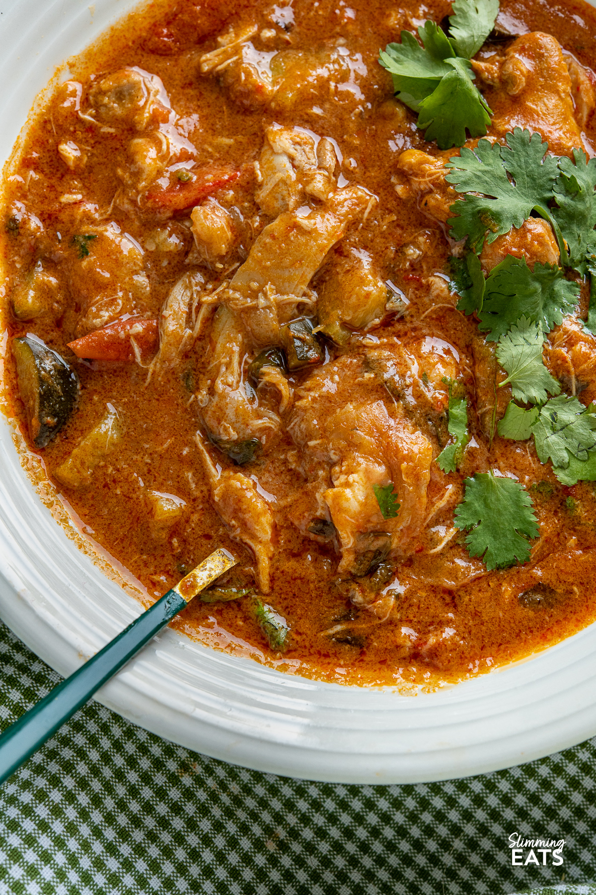 Slow Cooker Thai Peanut Chicken Curry dished up in a white bowl