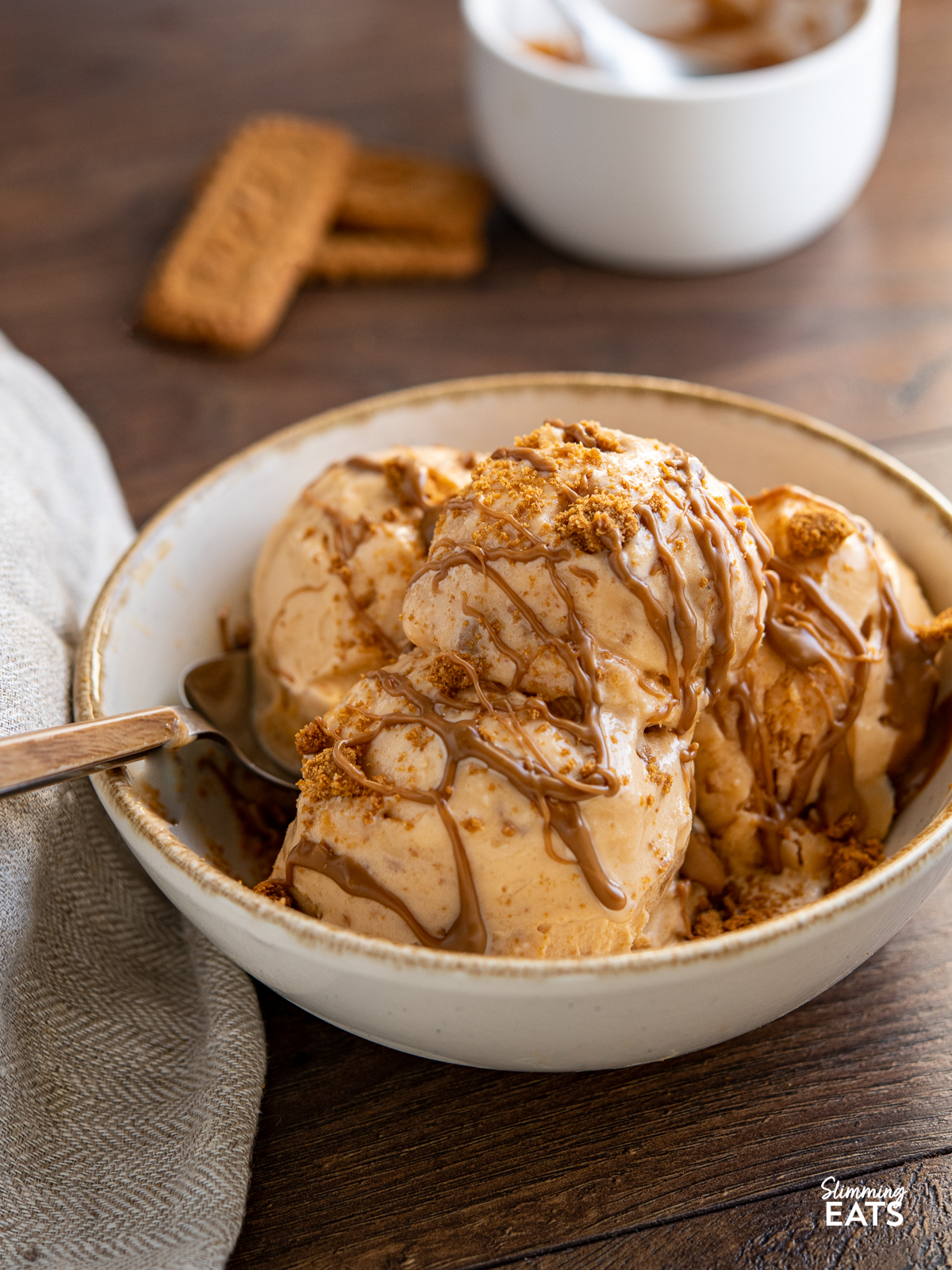 Homemade Biscoff Ice Cream in a cream bowl with biscoff drizzle and cookie crumb