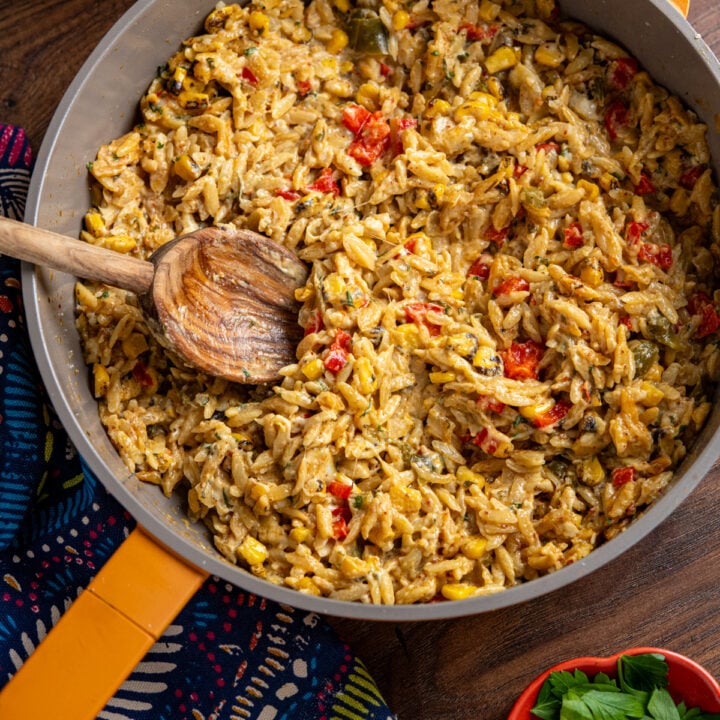 One Pot Creamy Cheesy Spicy Corn Orzo
