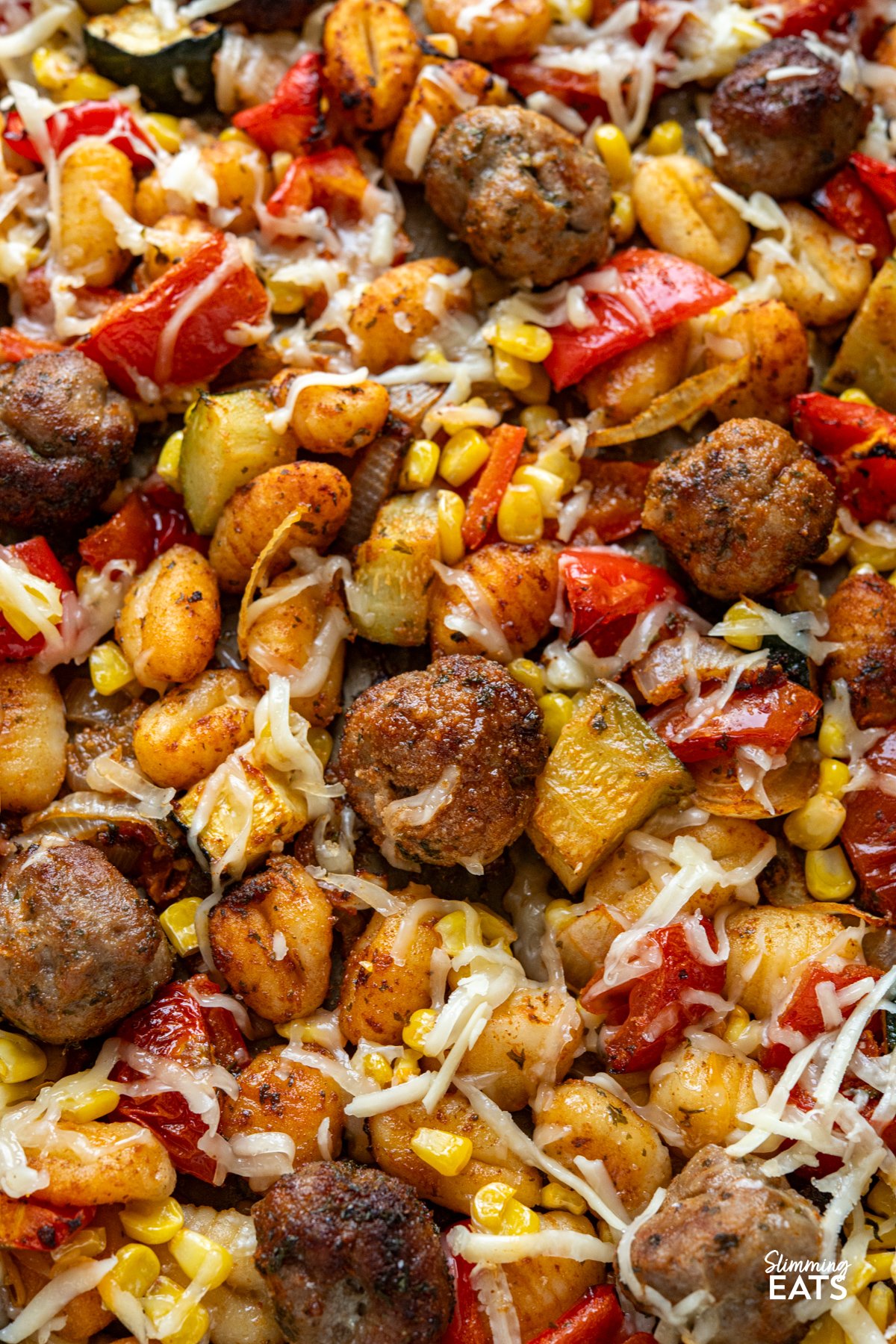 close up of Sausage Meatballs with Gnocchi on baking tray lined with parchment