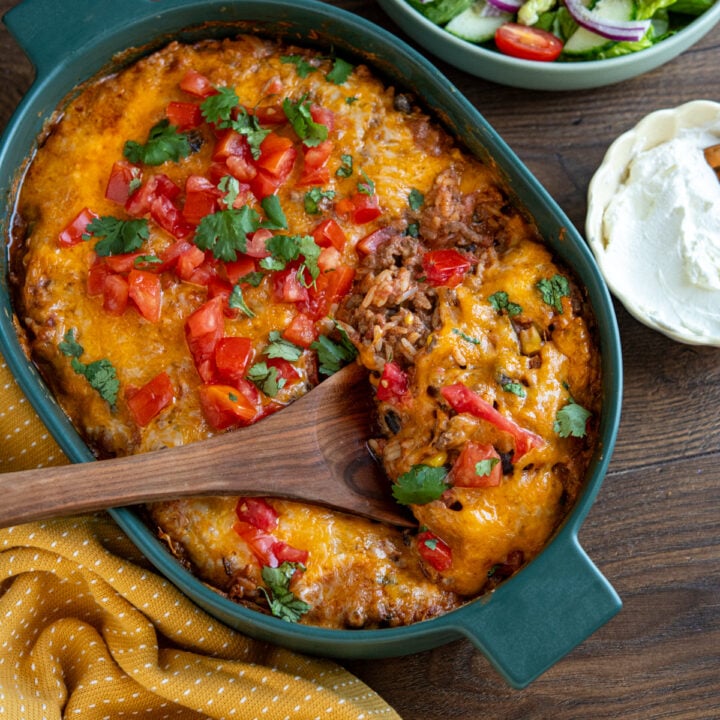 Cheesy Beef Burrito Rice Bake