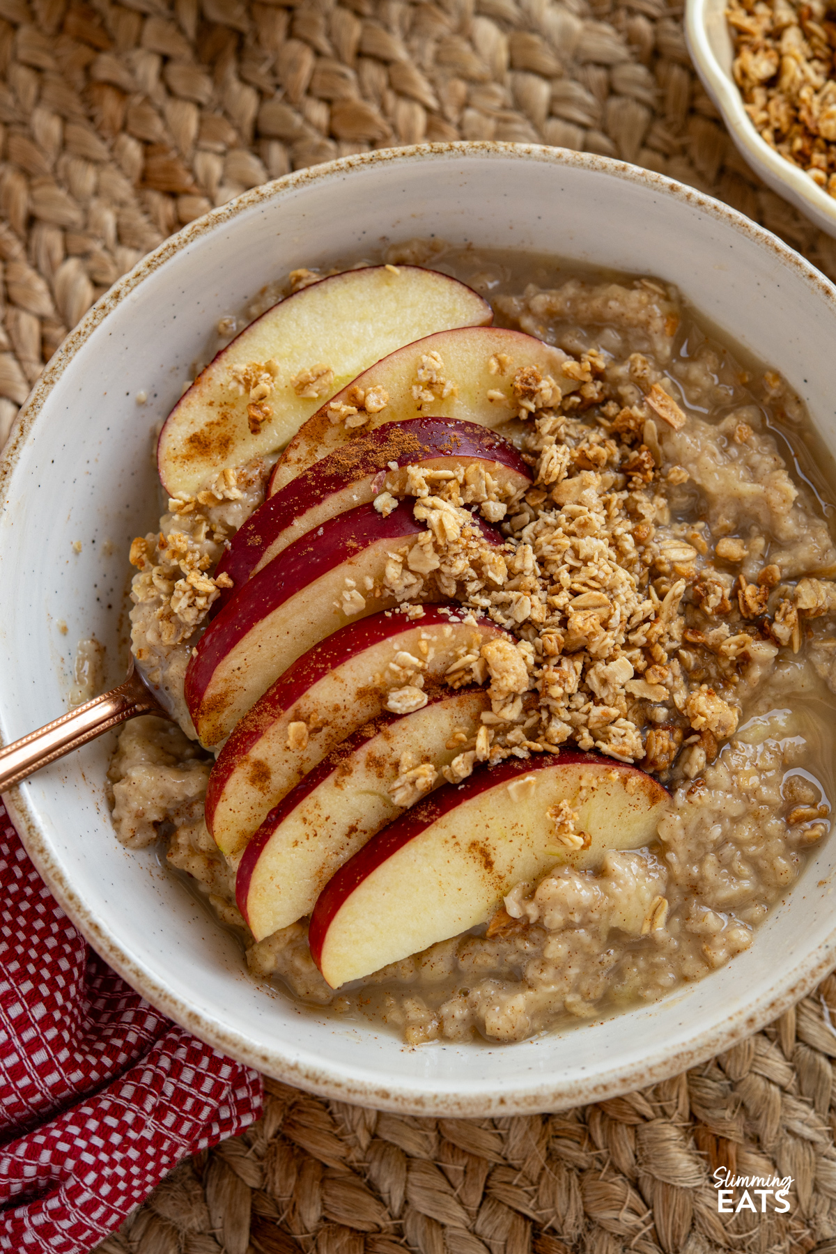 Start your day with this simple and comforting Apple Cinnamon Oatmeal bowl, packed with warming spices, crisp apple and low sugar granola topping. close up of Bowl of apple cinnamon oatmeal topped with low sugar granola