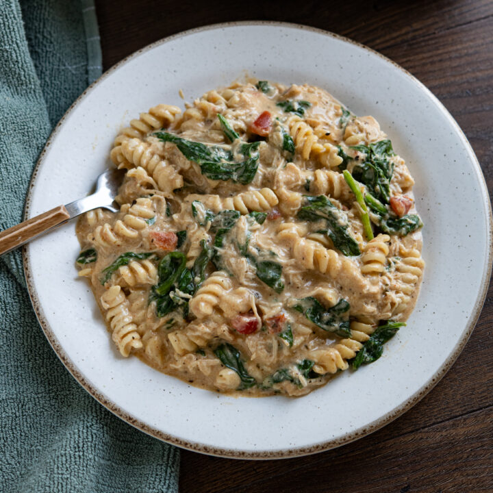 Slow Cooker Creamy Garlic Chicken Spinach Pasta
