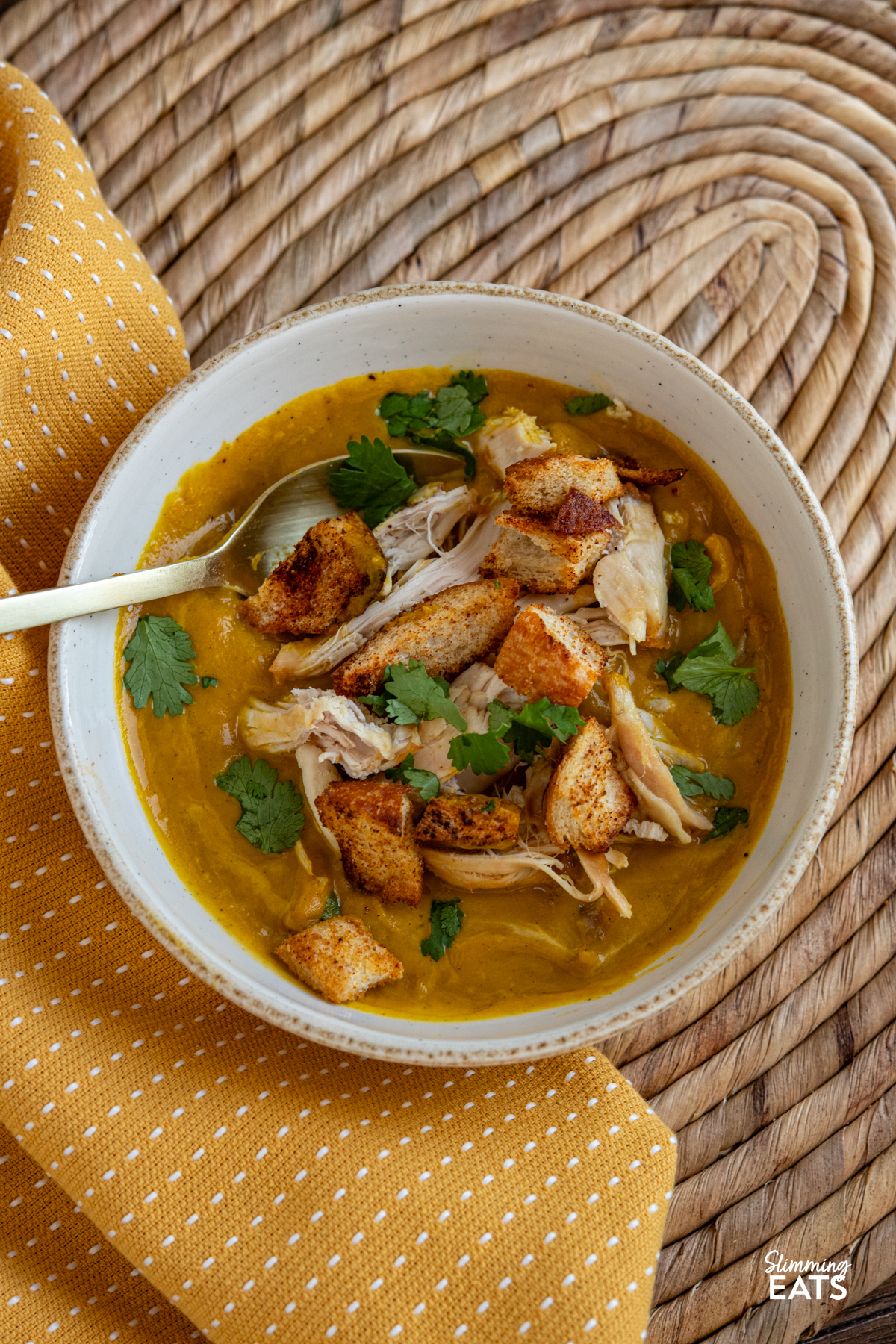 close up of white bowl with serving of Roasted Ras el Hanout Carrot Soup topped with homemade croutons, cooked chicken and cilantro