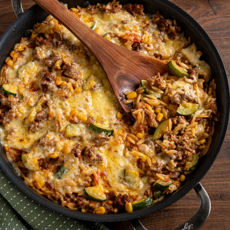One Pan Cheesy Ground Chicken Orzo